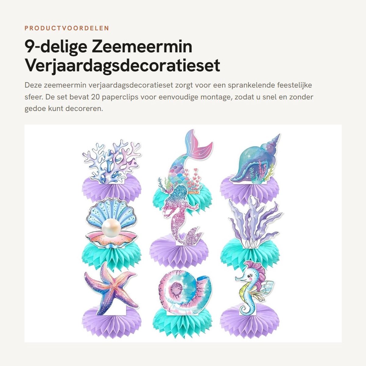 Dailygoods- Zeemeermin Verjaardagsdecoraties Set van 9 - Honingraatdecoratie - Lichtgewicht - Paperclips - Snelle Montage - Scheurbestendig Karton - Feestdecoraties