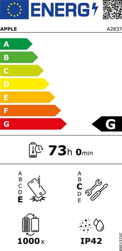 Energie-etiket met schaal A-G. Toont 73 uur 0 minuten batterijduur, valbestendigheid, reparatiegemak en IP42-classificatie.