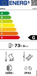 Energie-etiket met schaal A-G. Toont 73 uur 0 minuten batterijduur, valbestendigheid, reparatiegemak en IP42-classificatie.