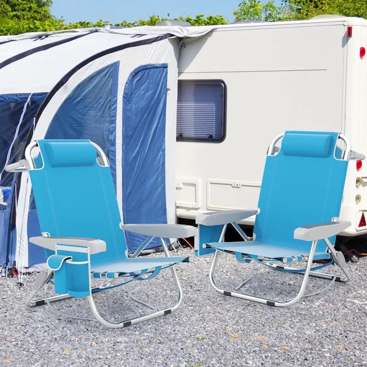 Dailygoods Opvouwbare rugzak-strandstoel met bekerhouder en opbergvakken, set van 2-blauw