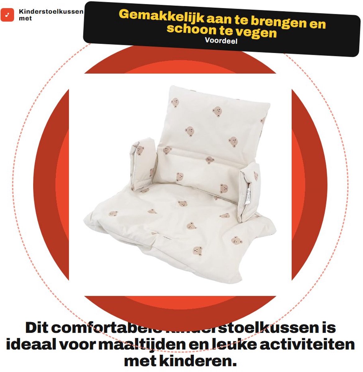 Dailygoods- Kinderstoelkussen Cartoonpatroon - Zitkussen voor Kinderstoel - Veiligheidsgordel - Zachte Bevestigingsbanden - Ondersteunend Kussen - Afmeting 41 x 26 cm
