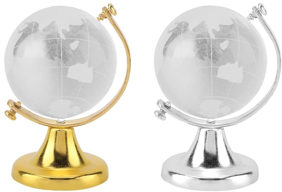 Dailygoods- Kristallen Bol 2,6 Inch Mini-wereldbol - Decoratie - Wereldkaart - Glazen Bol - Desktop Ornament - Elegante Standaard