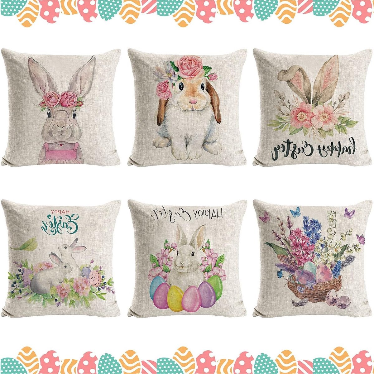 Kussenhoezen voor Pasen, Set van 6, 45 x 45 cm, Decoratie met Konijnen en Eieren voor Sofa en Bed, Feestelijke Woondecoratie