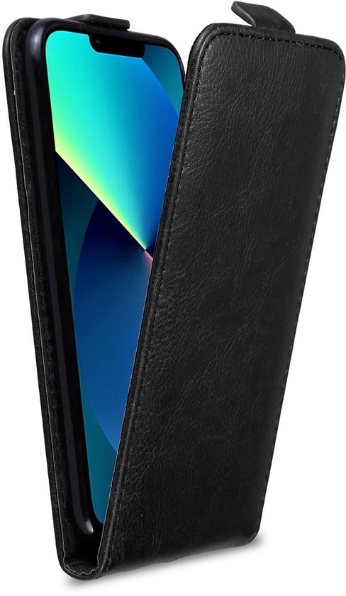 Coque à rabat noire en similicuir pour iPhone 13 PRO MAX, à moitié ouverte.