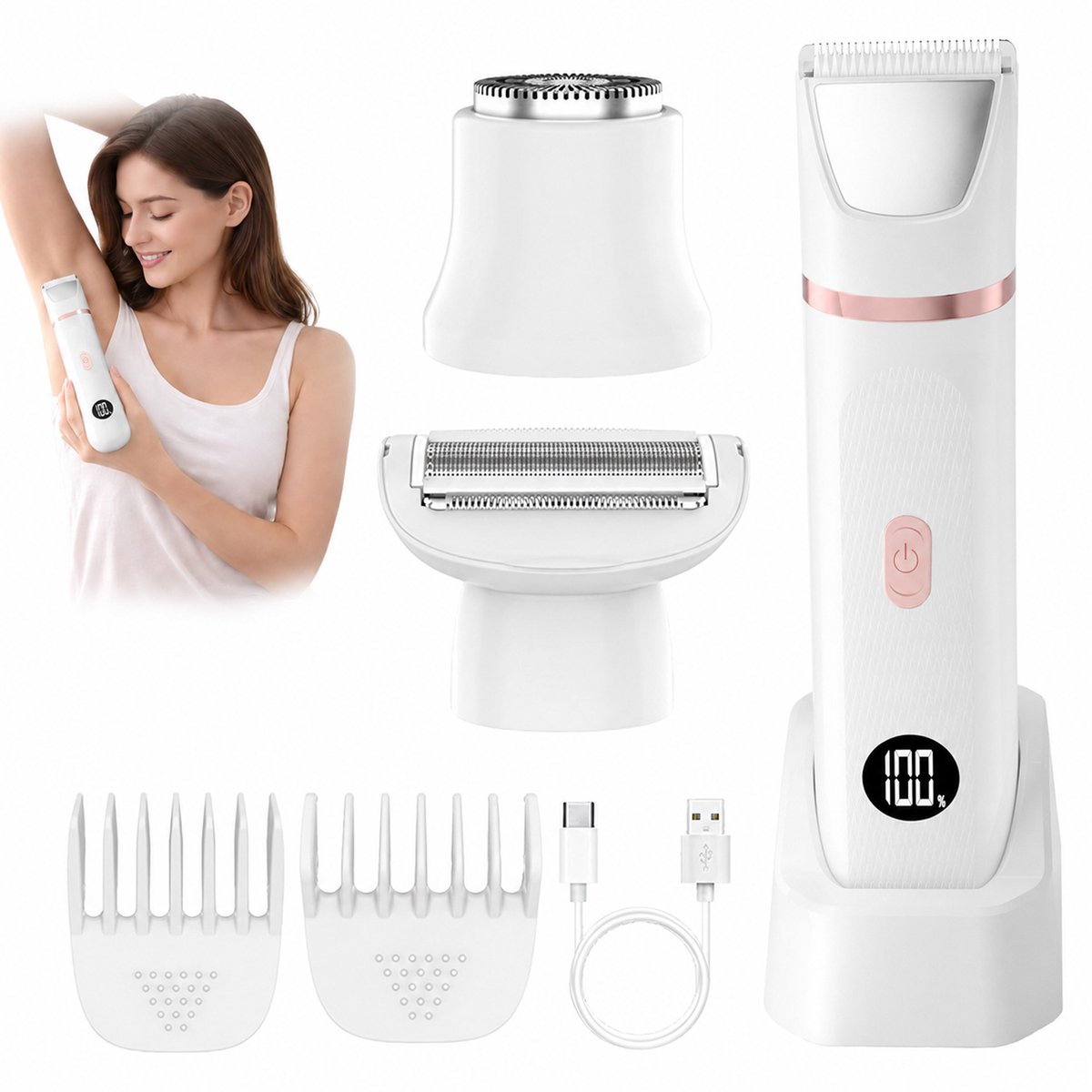 Bikinittrimmer voor Dames - Keramisch Mesje & IPX7 Waterdicht - Oplaadbare Vrouwenschaaf - voor Benen & Schaamstreek - Cadeau voor Vrouwen - Wit - 1 Stuk