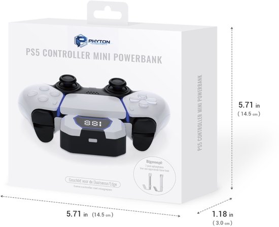 Doos met een witte PS5 controller powerbank, die past op de DualSense controller. Afmetingen 14.5 x 14.5 x 3 cm.