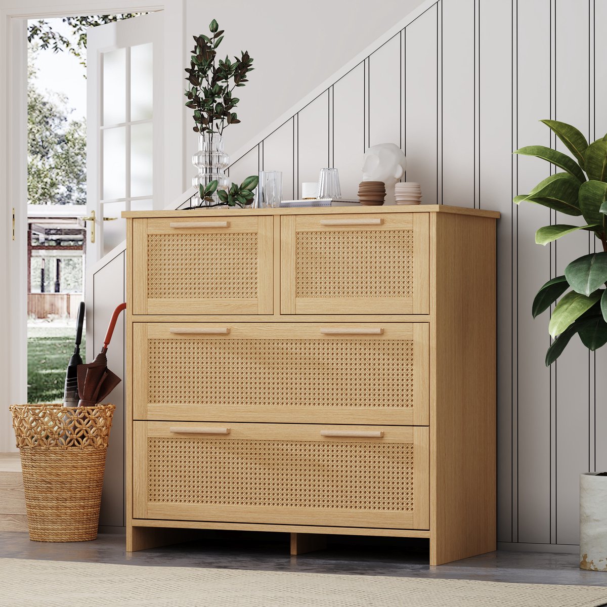 DESMIU Ladekast - Moderne Kast Met 4 Rattan Lades En Opbergruimte - Voor Slaapkamer Woonkamer En Hal - MDF En Massief Hout - 80x38x80 Cm - Naturel