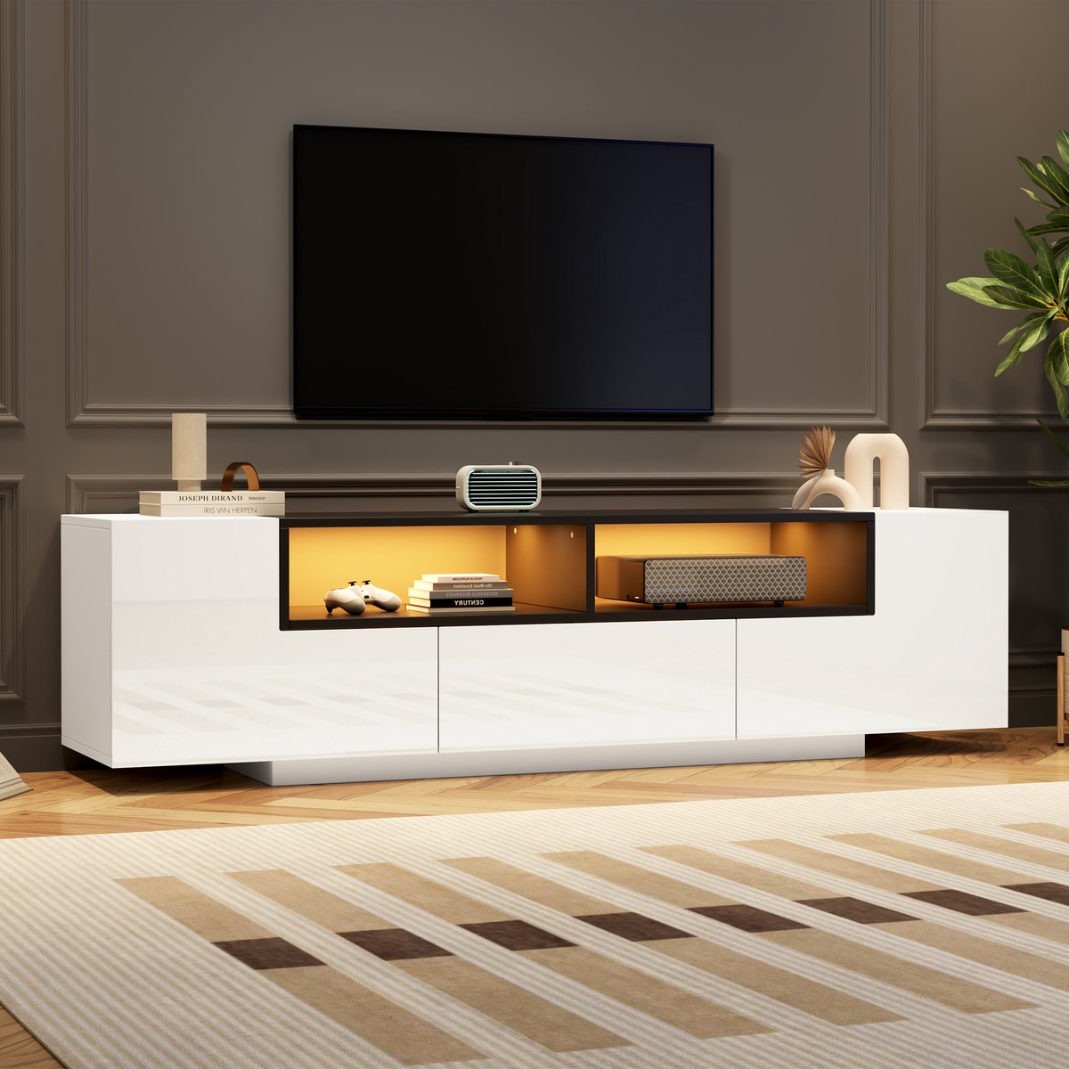 DESMIU Tv Meubel - Hoogglans Front Met Ledverlichting En Lade - Voor Woonkamer En Televisie Tot 75 Inch - Spaanplaat - 180x40x48 Cm - Wit