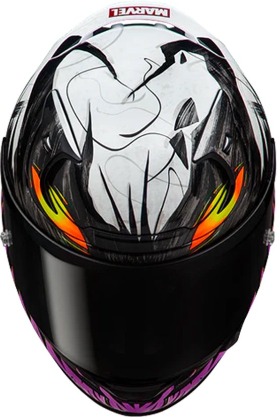 Witte motorhelm met een grafische print van de Marvel Anti-Venom, met zwarte, paarse en oranje accenten.