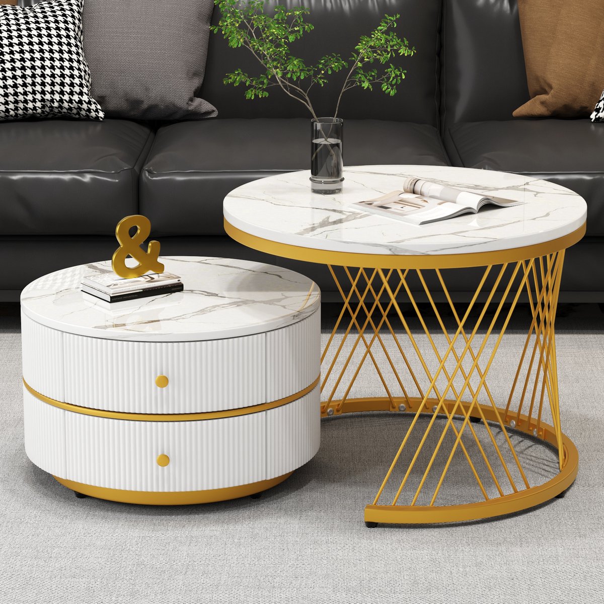 DESMIU Bijzettafelset - Glanzende Marmerlook Met 2 Laden - Voor Woonkamer En Sfeervol Interieur - MDF En Kunststof - Wit - 60x60x46 Cm En 50x50x30,8 Cm