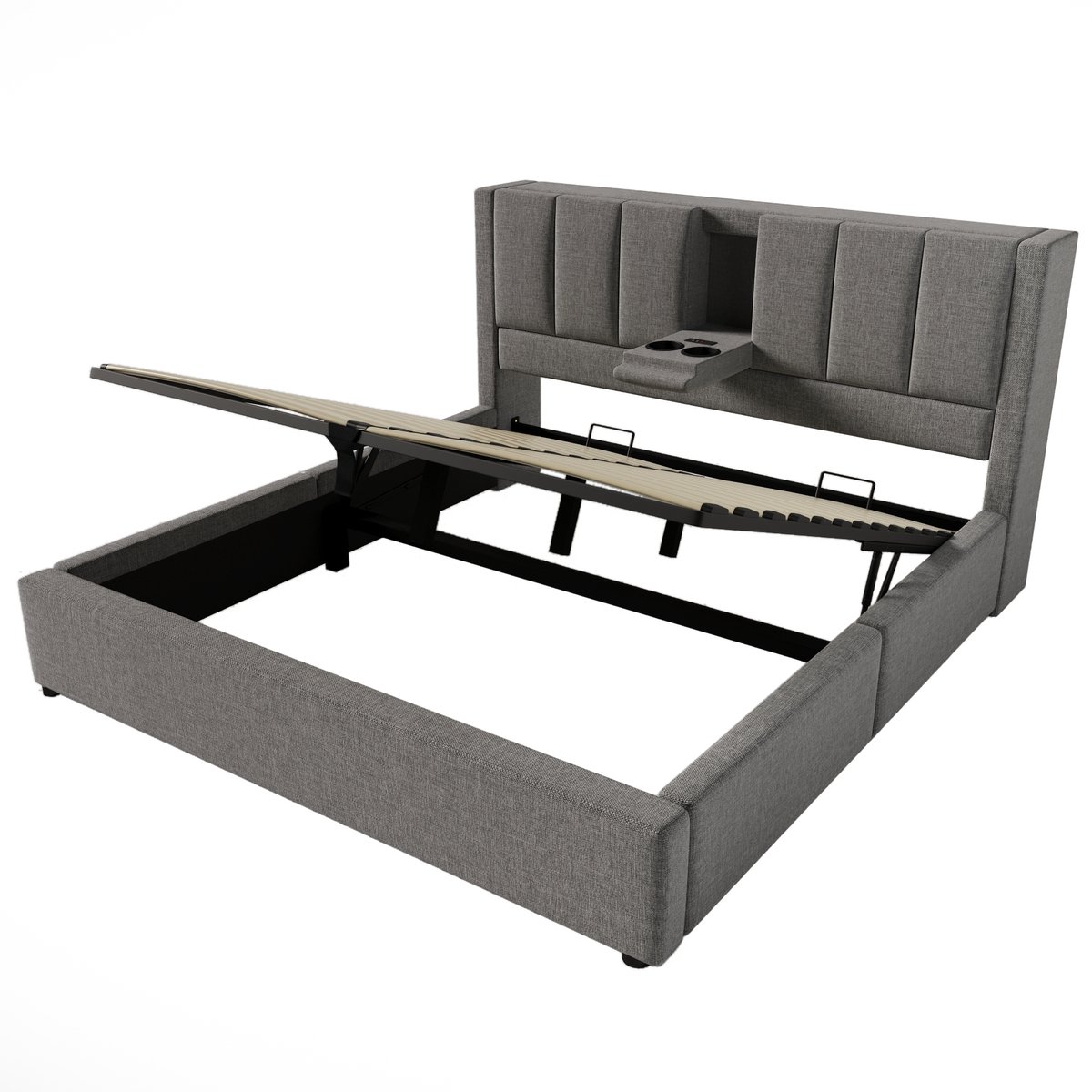 COVREO Gestoffeerd tweepersoonsbed van 160x200 cm met verborgen bekerhouders en oplaadstation, hydraulisch matras, opbergruimte eronder, inclusief lattenbodem, linnengrijs (matras niet inbegrepen). Gris