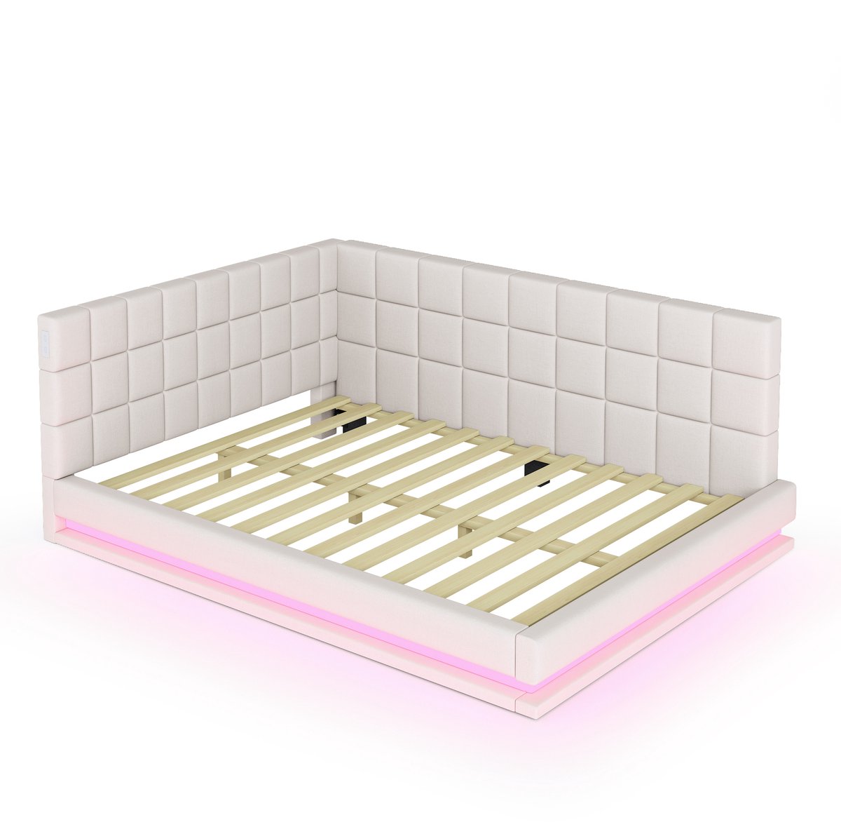 COVREO Slaapbank met LED en USB – 140x200 cm – Gestoffeerd bed met lattenbodem – Tweepersoons voor slaapkamer – Beige - zonder matras