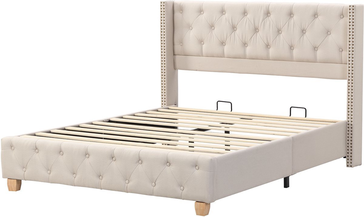 COVREO Bedframe 160x200 cm - beige linen, hoofdbord, zonder matras