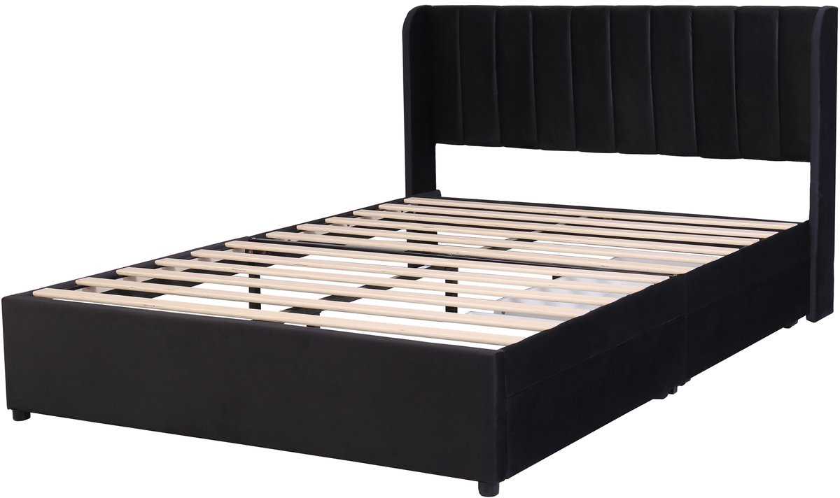 Een bed van 140 x 200 cm, bekleed met fluweel, met lattenbodem, hoofdbord en twee lades, in het zwart.