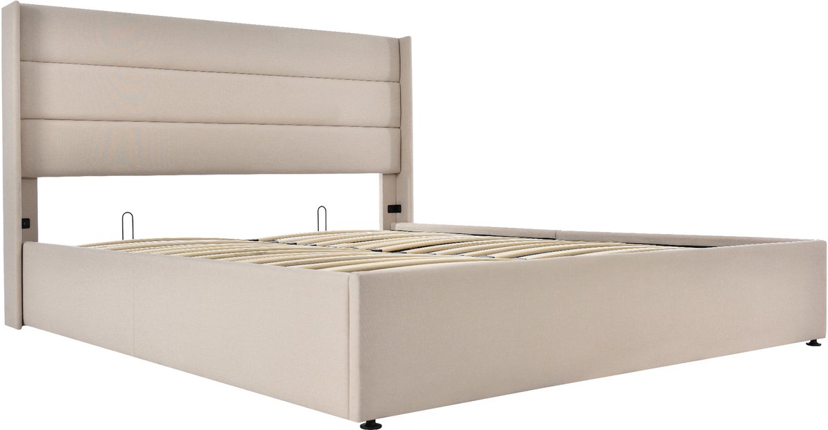 Opbergbed, gestoffeerd bed, hydraulisch tweepersoonsbed (140x200 cm), inclusief matras, lattenbodem van hout, lattenbodem van metaal, linnen, beige.