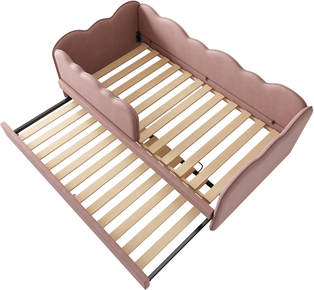 COVREO Bedbank met uitschuifbed – 99x197x70 cm – Kinderbed van stof met lattenbodem – voor kleine kamers – Roze - zonder matras