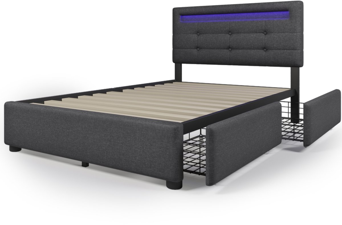 Bedframe met ledverlichting en twee lades, inclusief matras, eenpersoons gestoffeerd bed, afmetingen 90x200 cm, verstelbaar hoofdeinde, lattenbodem, grijs.