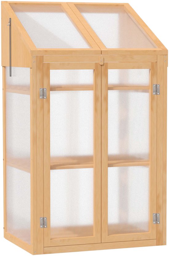 Houten minikas met dubbele deuren en schuine, doorzichtige deksel. Van voren gezien.