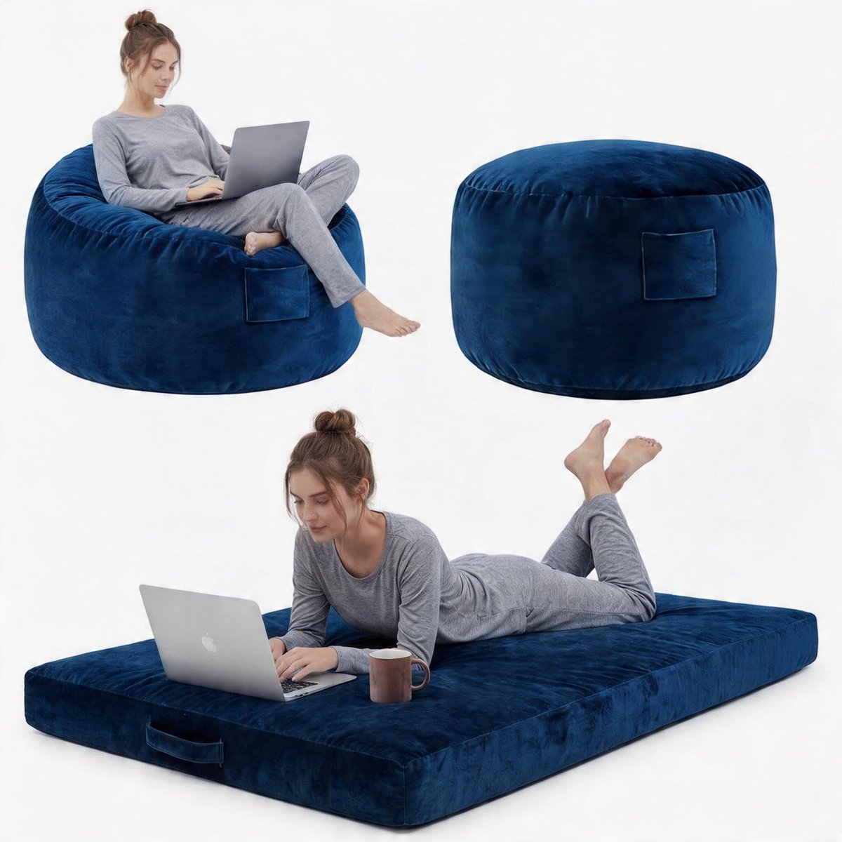 Fluweel Zitzak 2-in-1 - Beanbag Bed en Lounger - Fluweel Zacht - Afneembare Wasbare Hoes - Gamer Vloerbank voor Woonkamer, Slaapkamer - Blauw