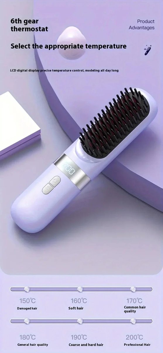 Draadloze stijlborstel met negatieve ionen - USB-C hot comb tegen klitten - paars