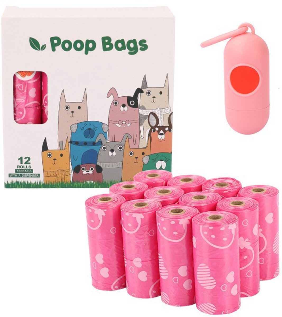 Kraftverdia Hondenpoepzakjes 180 Stuks Roze – 12 rollen – Biologisch Afbreekbaar – Extra Sterk & Lekvrij – Composteerbare Poepzakjes voor Grote en Kleine Honden