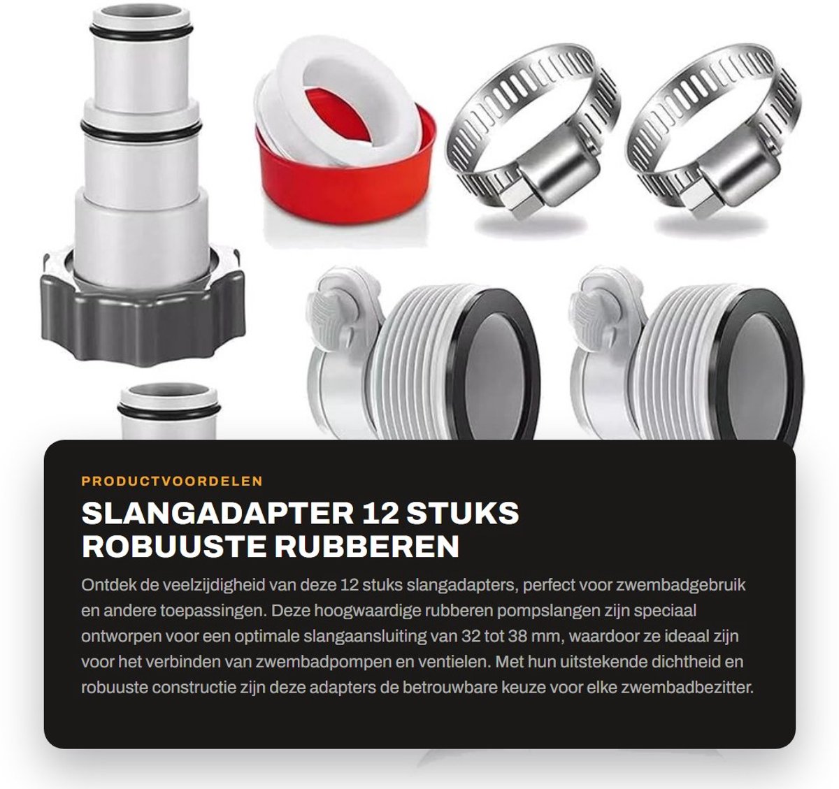 Dailygoods - Slangadapter - 12 stuks - Robuuste rubberen pompslang - Geschikt voor zwembadslang van 32 tot 38 mm - Slangaansluiting - Met afdichting