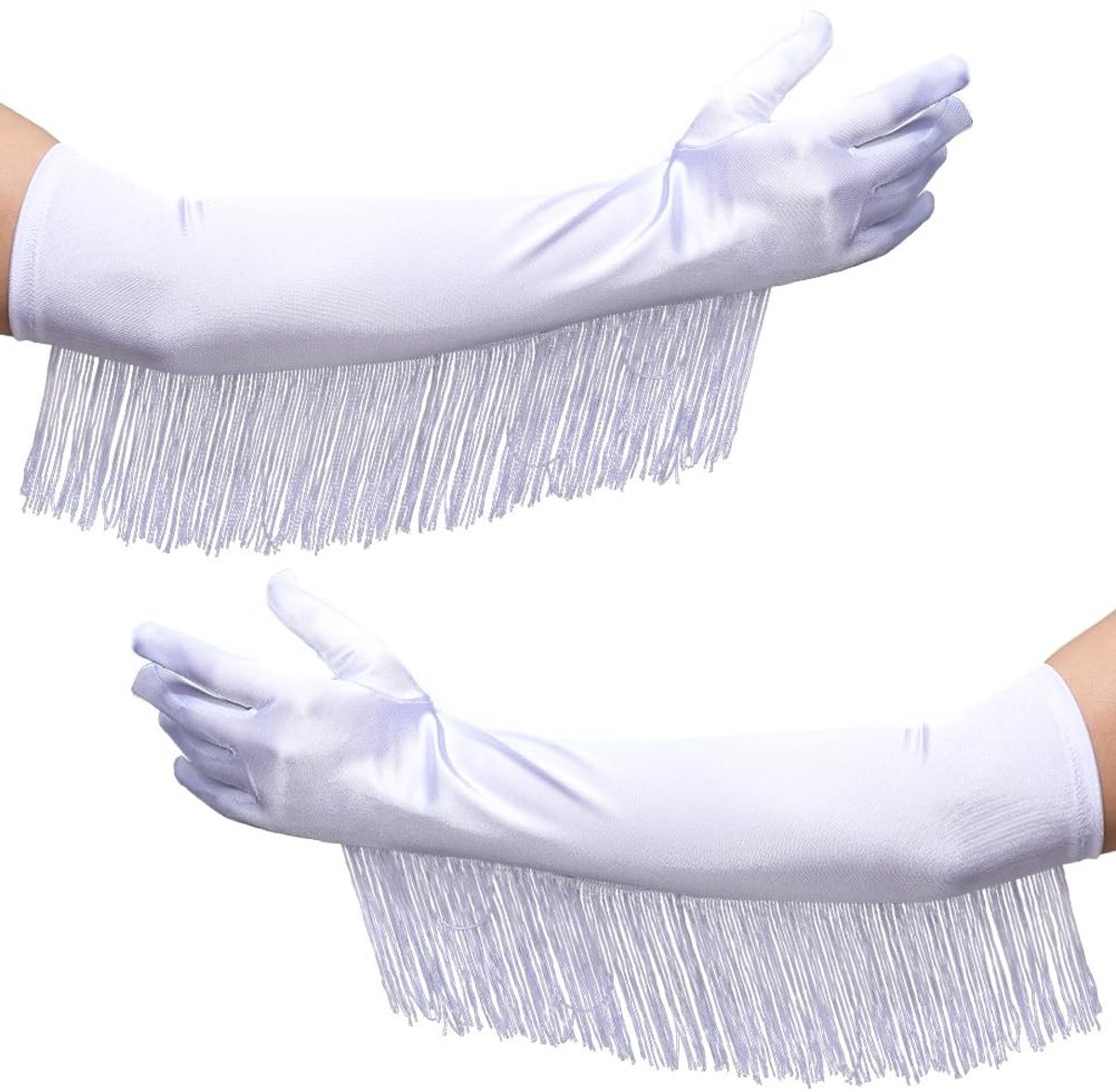 Dailygoods - Witte Satijnen Handschoenen met Franjes - Vintage Lange Elleboog Handschoenen voor Feest