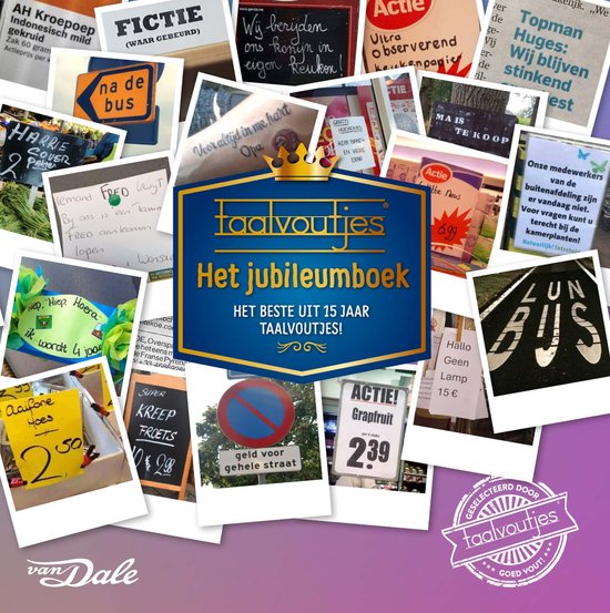 Een collage van foto's met Nederlandse teksten, centrum met "Taalvoutjes Het jubileumboek".