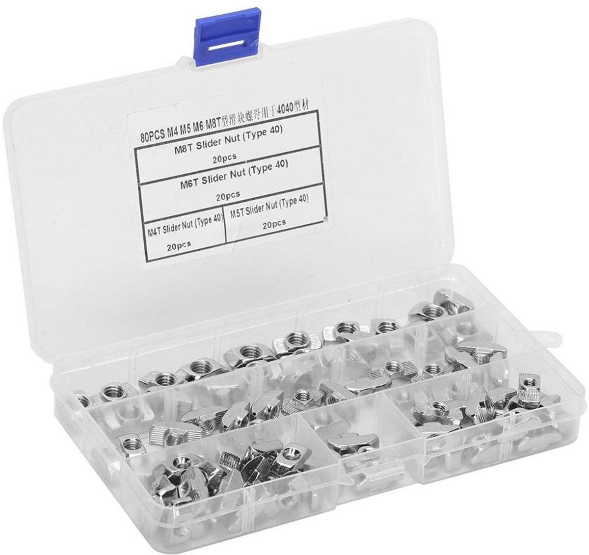 Dailygoods- T-groef Moer 80 Stuks - Aluminium Bevestigingsmoer - M4/M5/M6/M8 - Schuifblok met Opbergdoos - Eenvoudig te Vervoeren - Sleufmoer