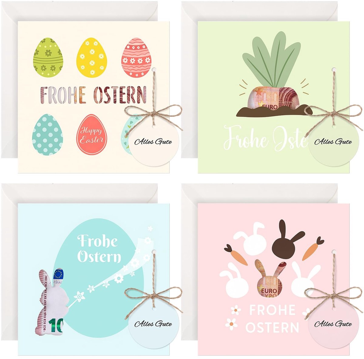 Dailygoods- Paascadeaus 4 Stuks - Geldcadeaus - Paaskaarten - Creatieve Verpakking - Paashaasstijl - Inclusief Plakstippen - Geldcadeaukaart