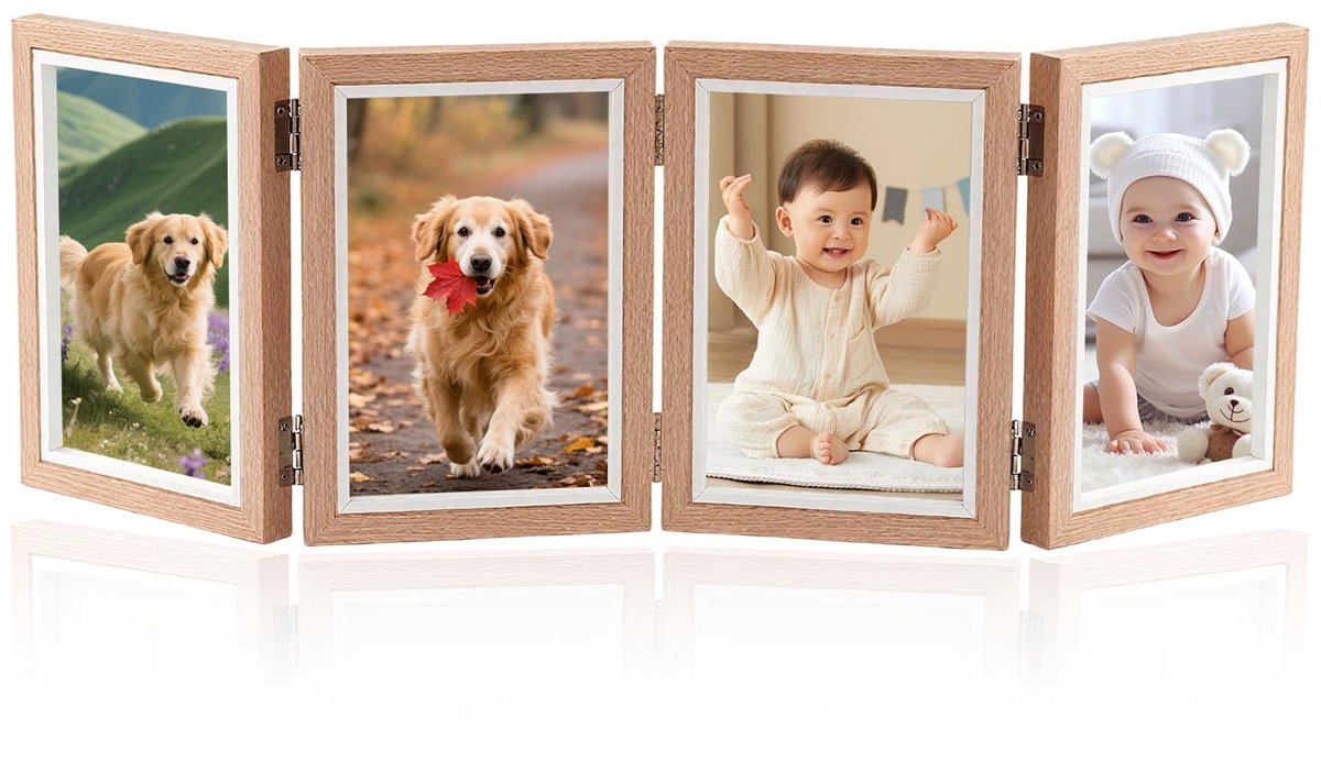 Omgoods- Fotolijst 4 foto's - Opvouwbaar ontwerp - Houten fotolijst - Collage 10 x 15 cm - Tafelstandaard - Roestvrijstalen scharnieren - Collagefotolijst