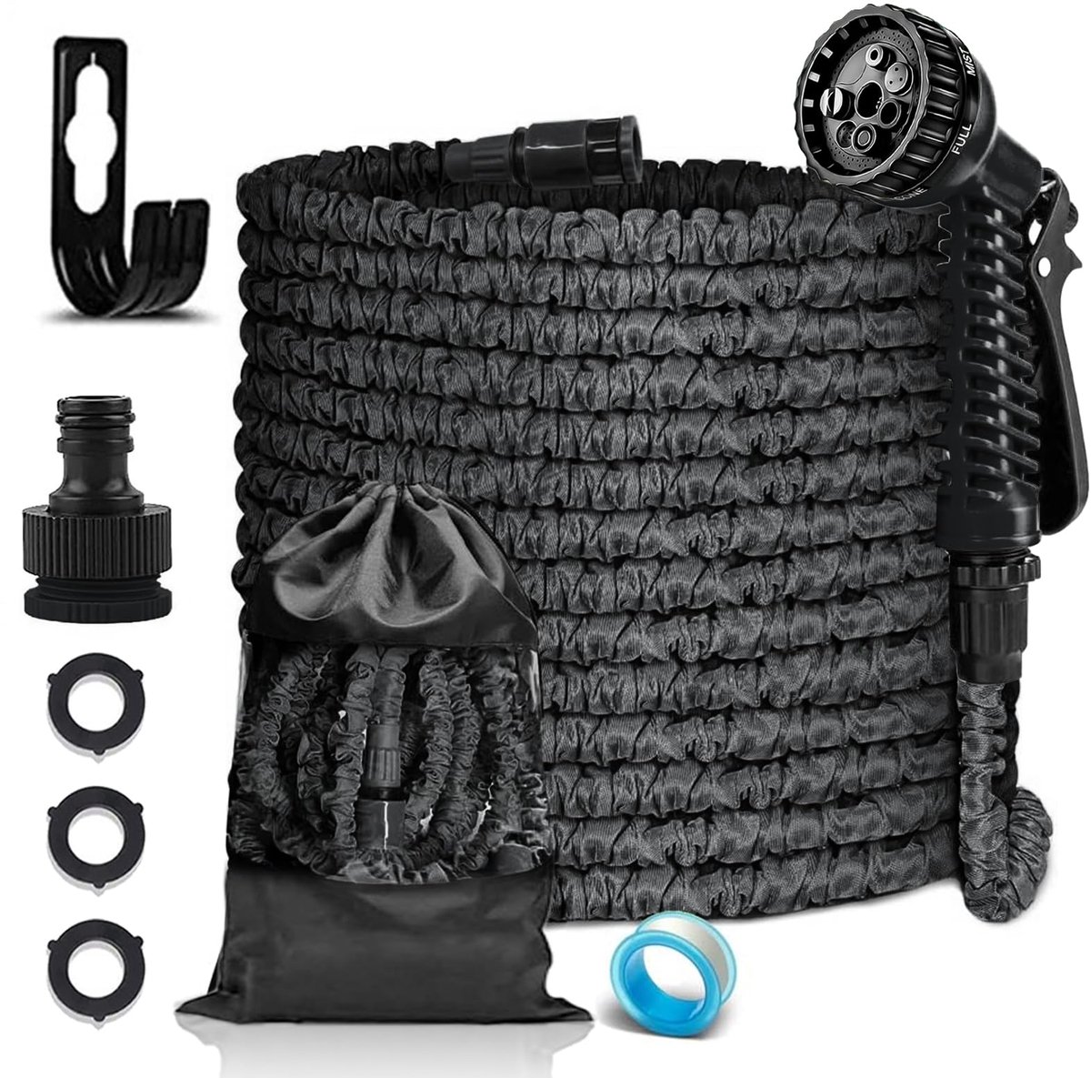 SnelShoppen - Flexibele tuinslang 23 m met 7 sproeifuncties, rekbare waterslang met 3-voudige latexkern, incl. adapter voor 1/2' en 3/4' en wandhouder