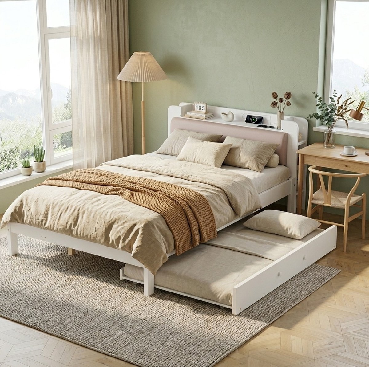 COVREO Functiebed met uitschuifbed en gepolsterd hoofdbord – 220x125x80 cm – Bed van hout en MDF – met opbergruimte en laadstation – Wit - zonder matras