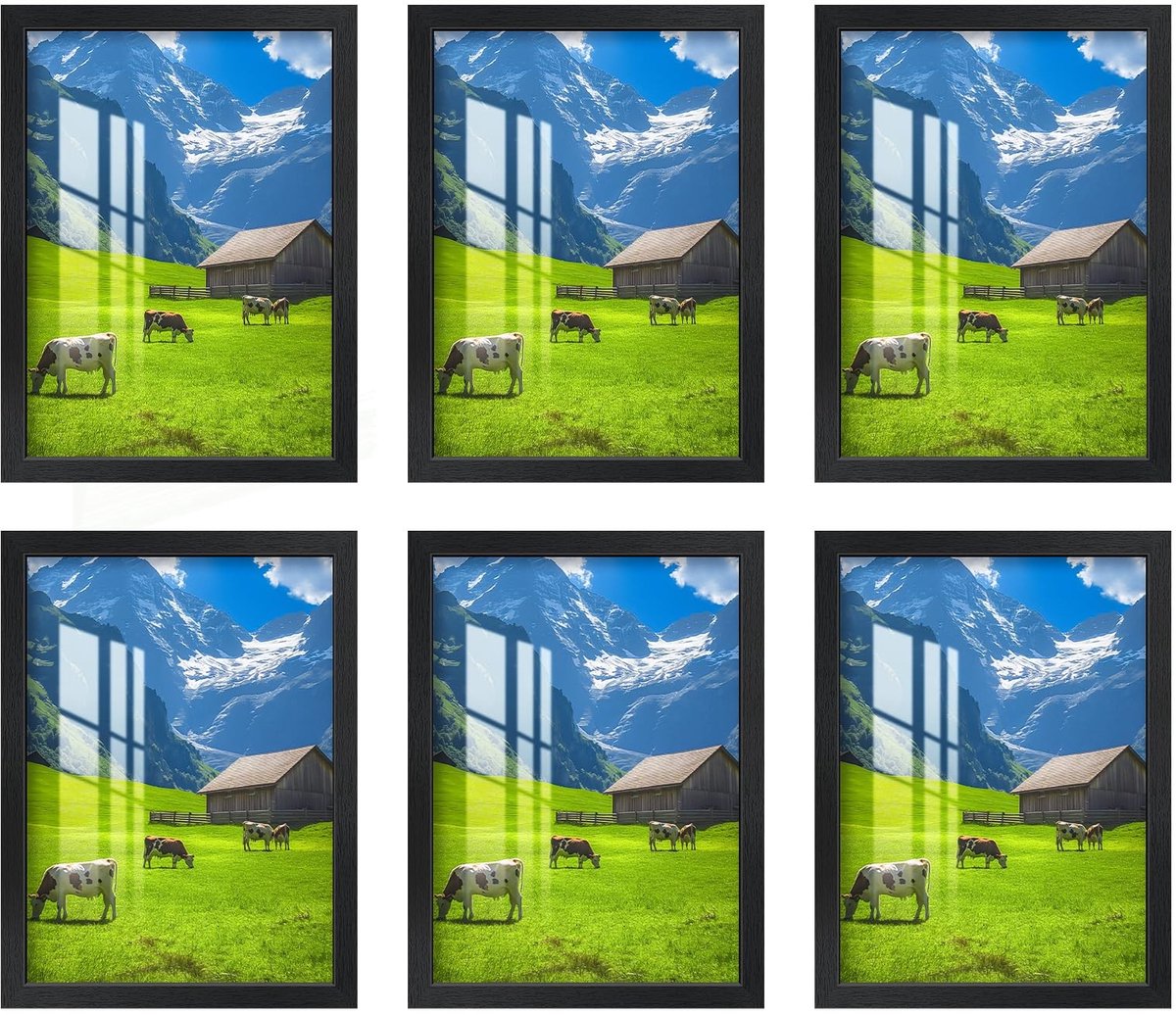 Omgoods - Set van 6 Zwarte A3 Fotolijsten 30 x 40 cm met HD Acrylglas