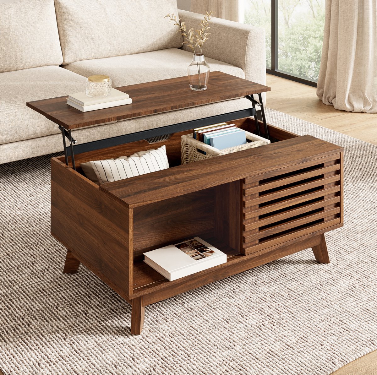 DESMIU Salontafel - Hoogteverstelbaar Met Schuivende Jaloeziedeur - Voor Woonkamer En Kleine Ruimtes - MDF - Walnoot - 90x55x57,5 Cm
