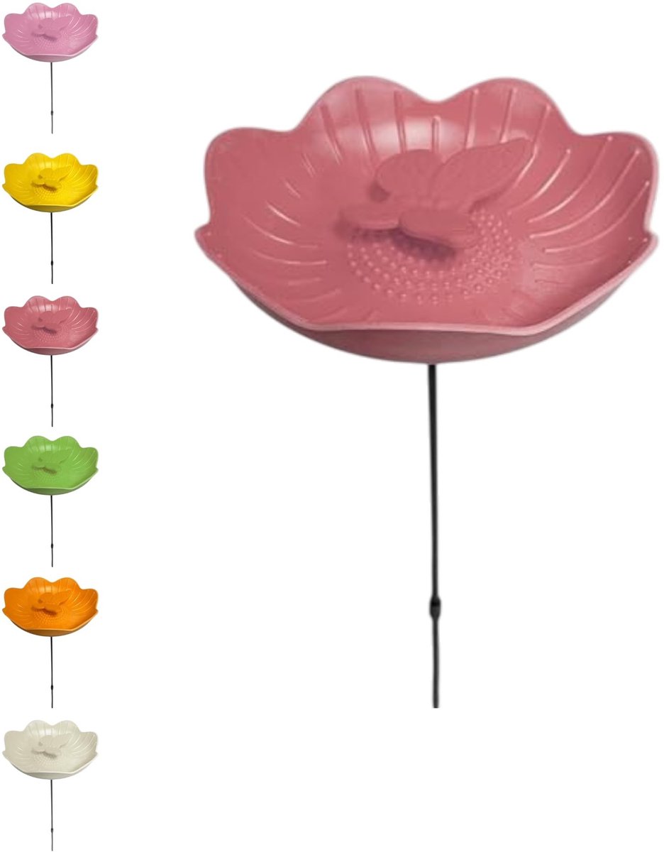Omgoods - Vogelbad met Tuinstekker en Vlinder, Diameter 20 cm, 6 Kleuren