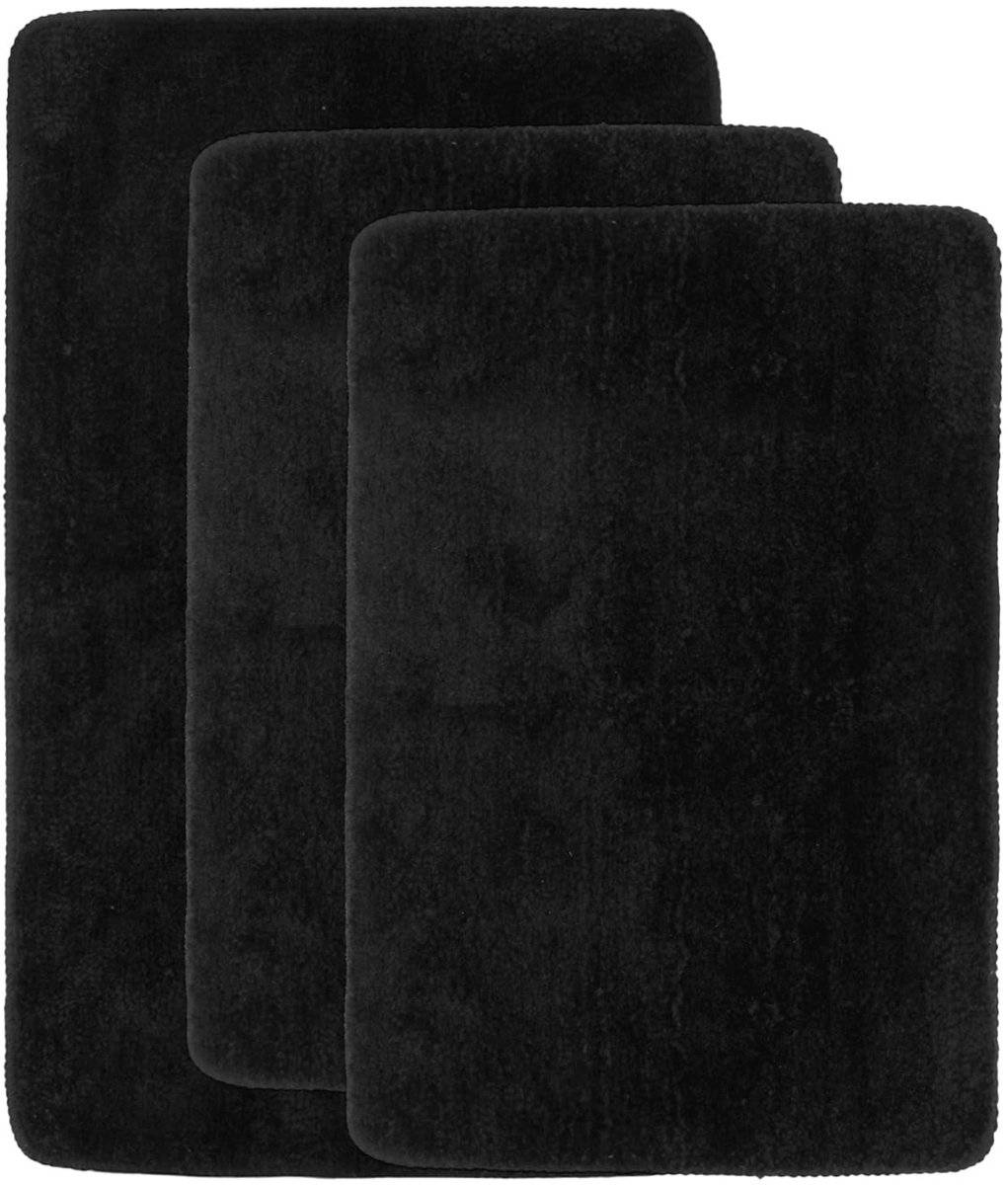 Omgoods- Badmat Set van 3 - Badkamertapijt Zwart - 40 x 60 cm / 50 x 80 cm - Hoogpolig - Duurzaam Polyester - Zacht en Aangenaam