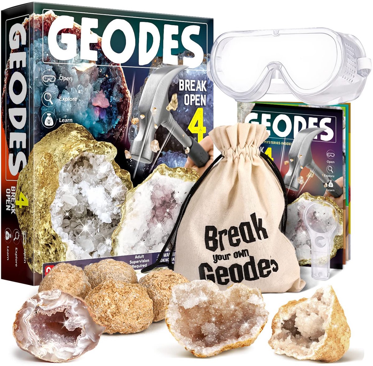 Omgoods- Geoden set - 4 verwisselbare geoden - Veiligheidsbril - Vergrootglas - Opbergtas - Leerhandleiding - Mineralen