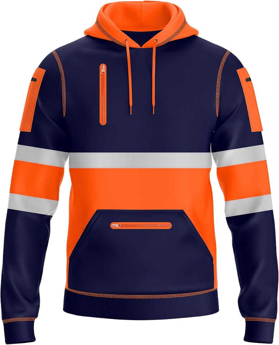 Hi Vis hoodie voor heren met reflecterende tape, pullover hoge vis-hoodie voor veiligheid werkkleding - 4 zakken met rits, werkhoodies voor mannen, hoge zichtbaarheid met capuchon, Stijl 2: