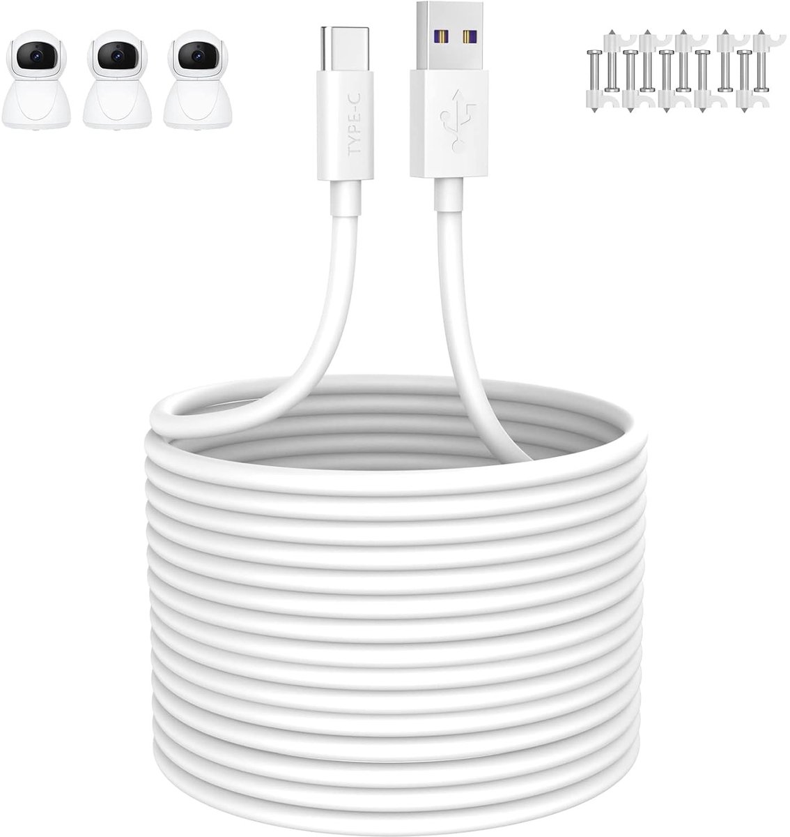 Langere USB C Kabel van 8m voor Snelladen van Xiaomi Mi Beveiligingscamera's, Type C Oplader voor 2K en 1080P Camera's