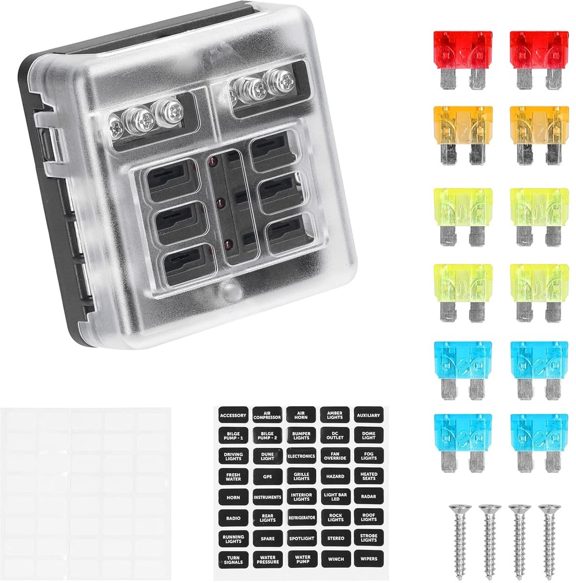 Zekeringhouder voor auto, 6 vakken, 12 volt, met led-display, waterdichte beschermafdekking en 12 zekeringen, zekeringkast voor DC 12 V/24 V auto, boot, bestelwagen, SUV, vrachtwagen (6 vakken)