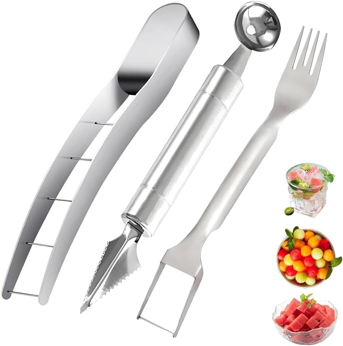 3 stuks meloensnijder roestvrij staal, 2-in-1 watermeloen vork snijder, meloenuitsteker fruitsnijder, meloensnijder voor fruitsalade, watermeloen, cantaloupe, drakenfruit