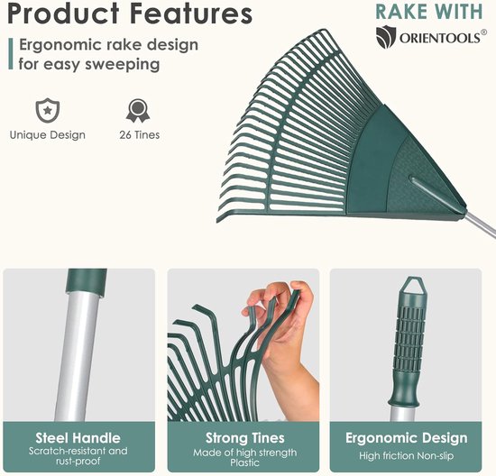 SnelShoppen - Tuinhark met Verstelbare Steel, Lichtgewicht Stalen Handvat, Comfortabele Grip, Kunststof Kop, Poly Struikhark, 26 Tanden, 110 tot 168 c van Snelshoppen — afbeelding 2