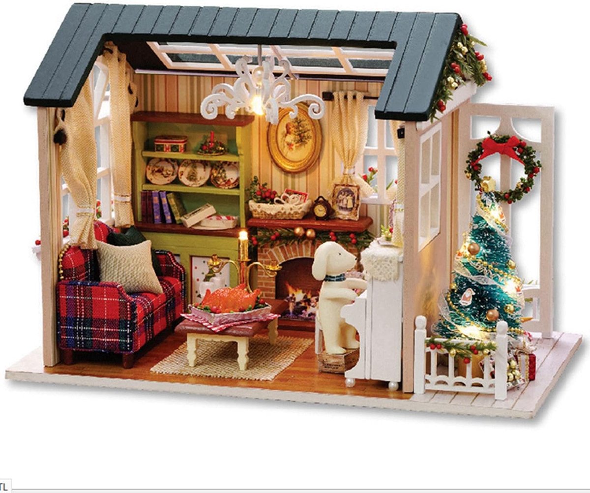 Poppenhuis DIY-kit, Amerikaans poppenhuis in retrostijl met ledverlichting, creatieve cadeaus voor vrienden en ouders, uniseks speelgoed voor Kerstmis vanaf 14 jaar