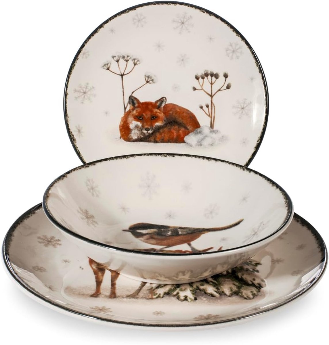 Kerstservice, 18-delig, Wild Spirits van aardewerk, versierd – met illustraties van dieren in de sneeuw – 6 etages, 6 dieptes, 6 vruchten – vaatwasmachinebestendig en magnetronbestendig
