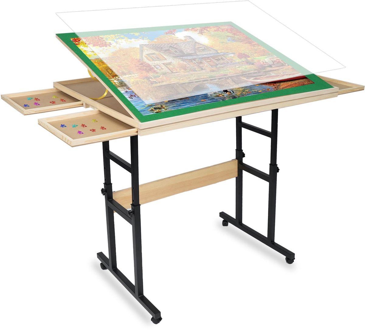 SnelShoppen - Houten Puzzeltafel met Poten voor 1500 Stukjes, Verstelbaar in Hoogte, Helling 45 Graden, 89 x 69 cm, 4 Laden met Deksel, Ideaal Cadeau