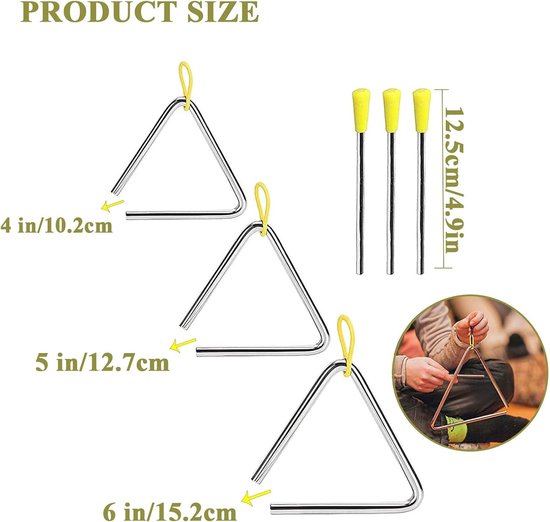 3 Stuks Driehoek Percussie Instrument Set, Triangel Instrumenten Voor Oude Muziekeducatie Initiatie, Triangle Musikinstrument — afbeelding 3