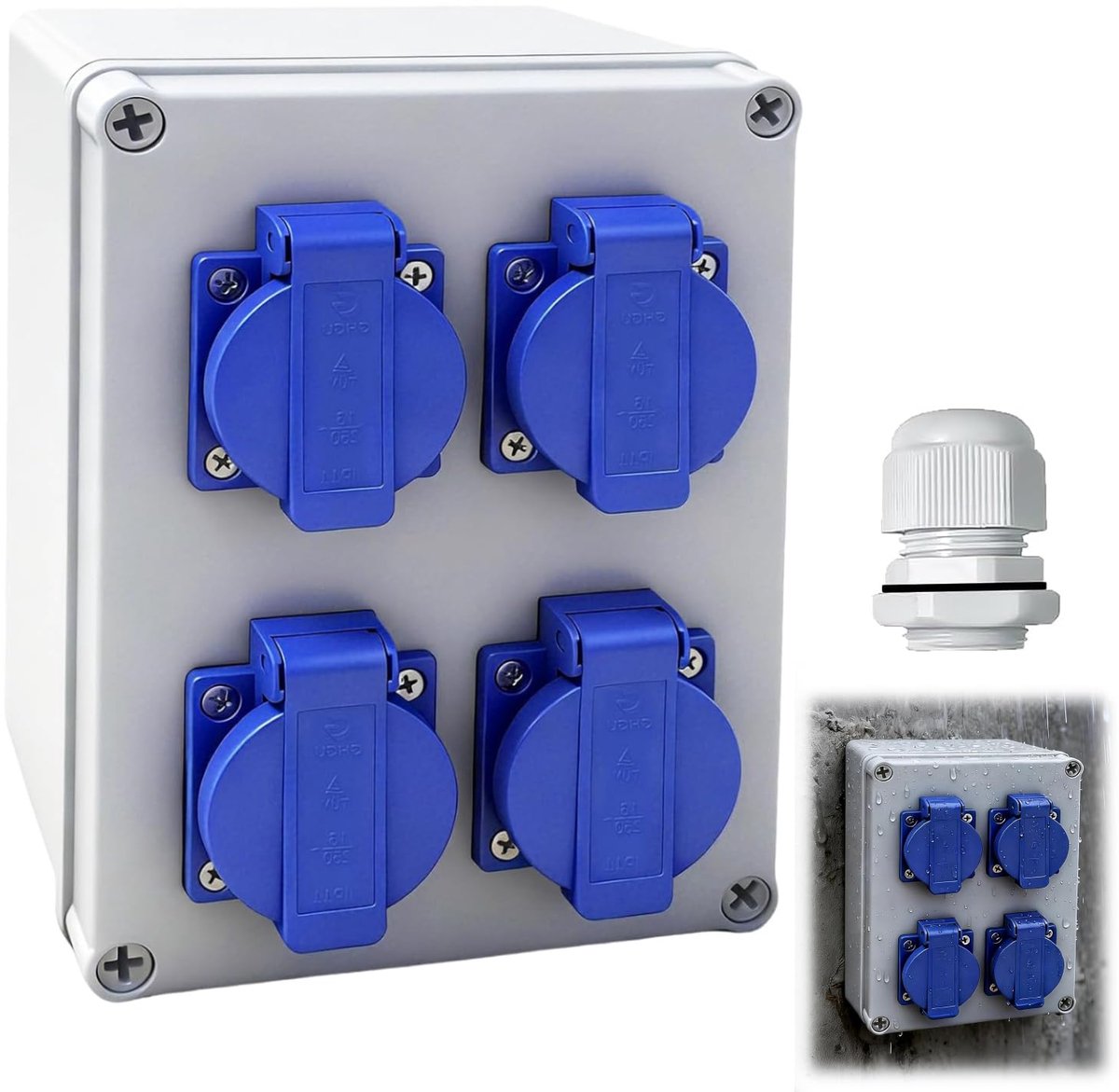 voorbekabeld,bouwstroomverdeler stroomverdeler IP44,met 4 x 230 V 16 A stopcontact, opbouw geaard,opbouwstopcontact voor bouwplaatsen, huishoudens, industrie, binnen en