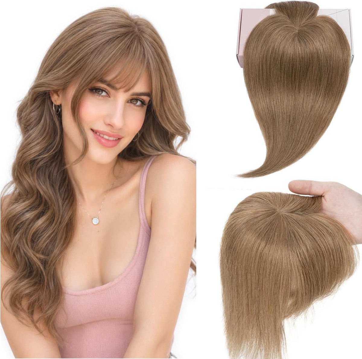 Natuurlijke Haar Topper met Bangs - 360° 3D Cover Haarstuk van Remy Menselijk Haar, 30 cm Clip-in Haarextensions voor een Volumineuze Look
