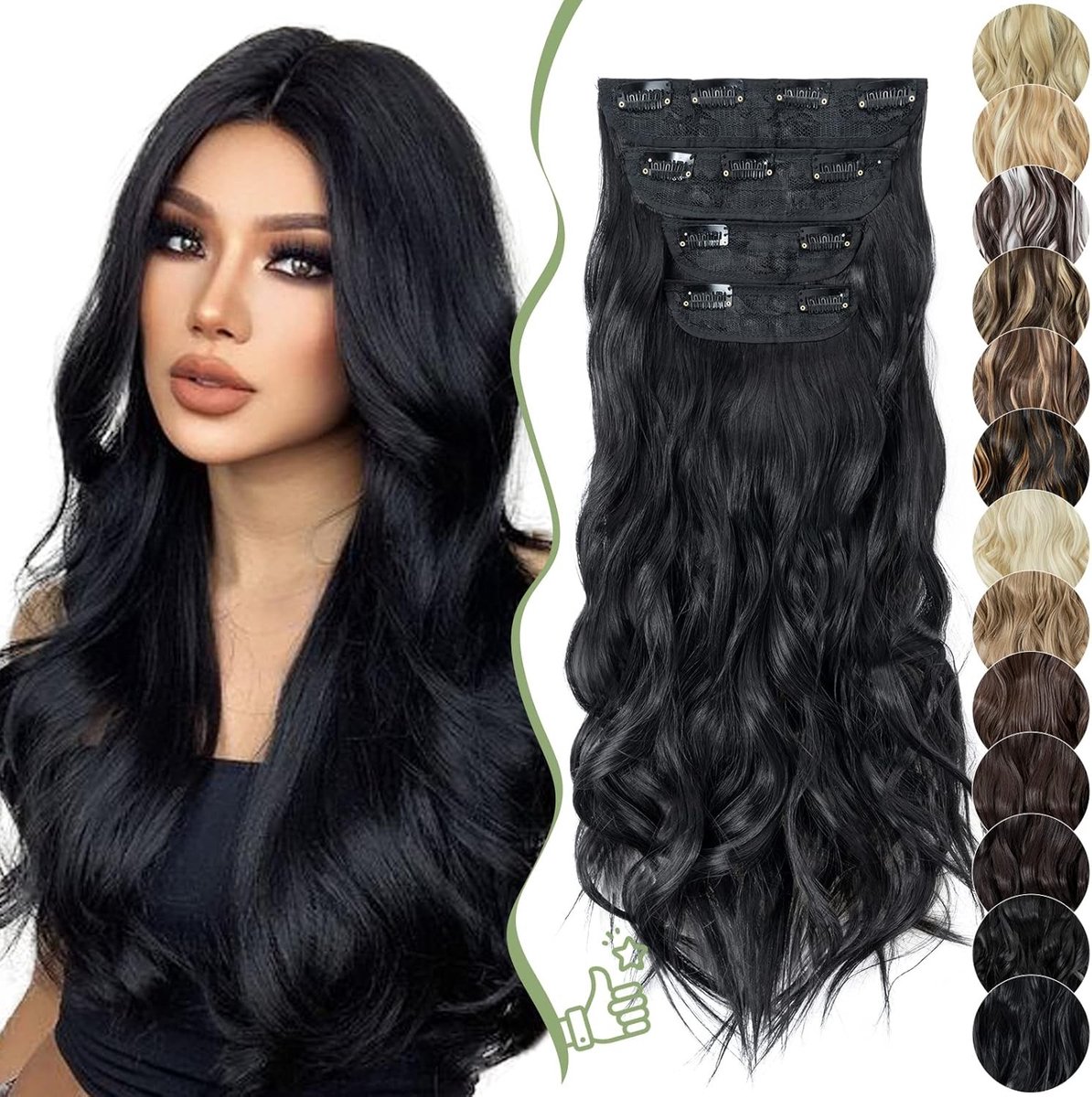 Wavy Clip-In Haarextensions voor Volle Hoofd, 55 cm Natuurlijke Zwarte Krullen, Goedkope Haarstukken voor Volumineus Haar